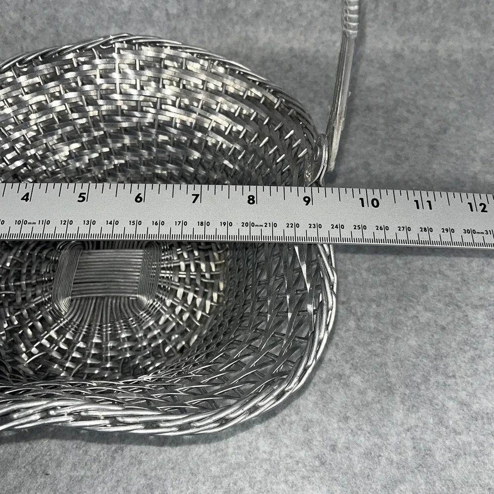 VTG‎ Silver Tone Metal Woven Wire Basket With Fold Down Handle Decor Centerpiece